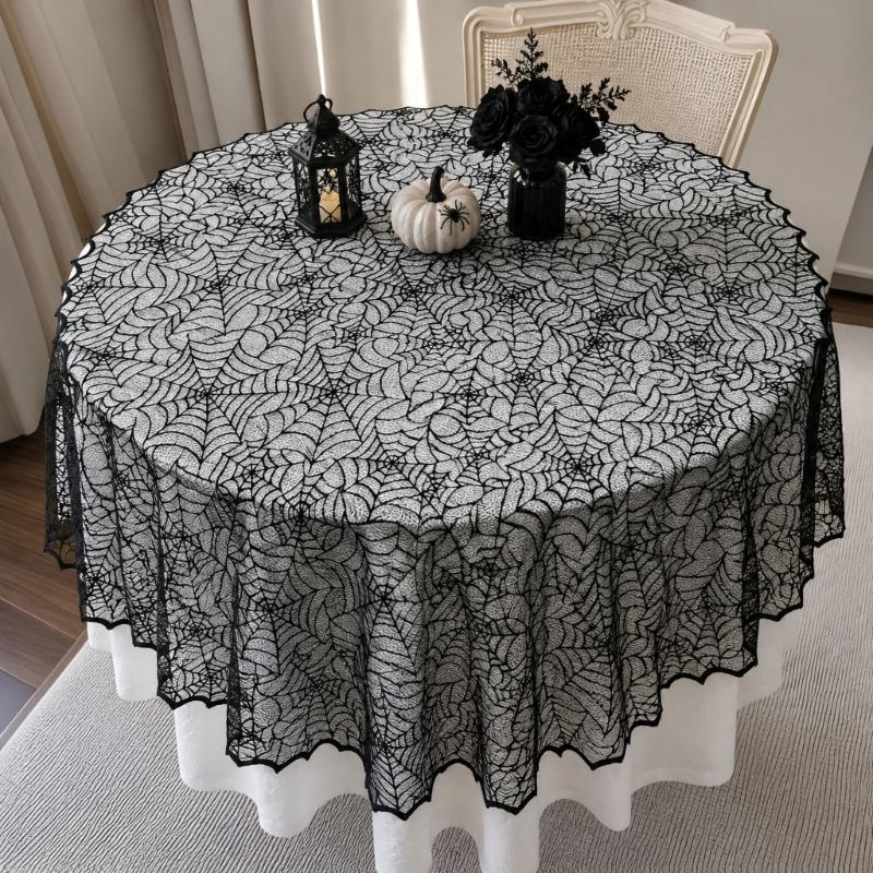 Spiderweb Table Cover for Halloween, Round Black Lace Tablecloth with Soft Fabric Drape for Dessert Display, Entry Table, and Party Decors