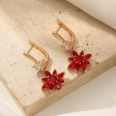 1 Pair Fashion Red/green Zircon Flowers Dangle Earrings for Women Daily Jewelry Party Accessories