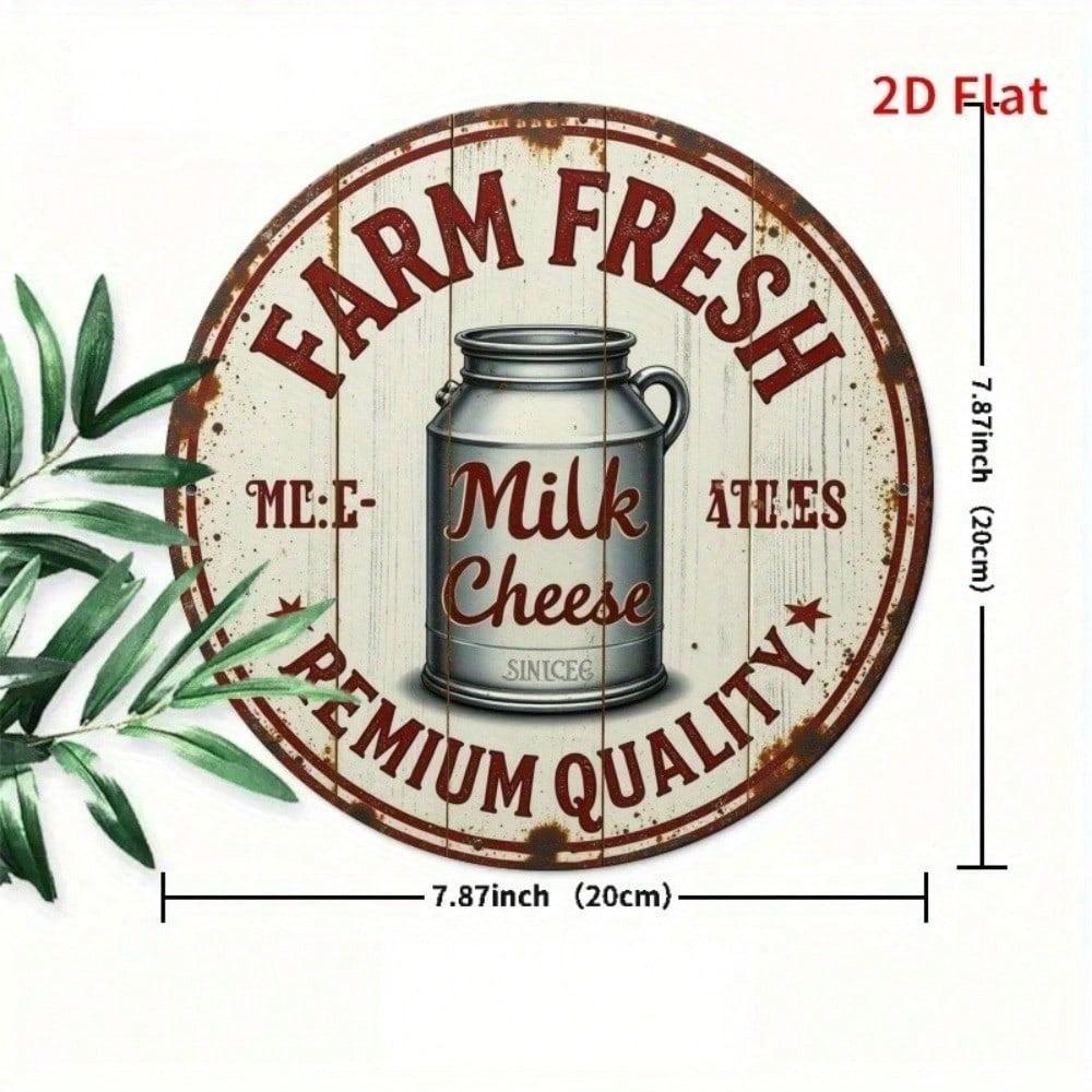 Vintage Round Tin Sign 8x8 Inch Farm Fresh Milk Cheese Retro Metal Plate Wall Art Decor for Kitchen Cafe Bar