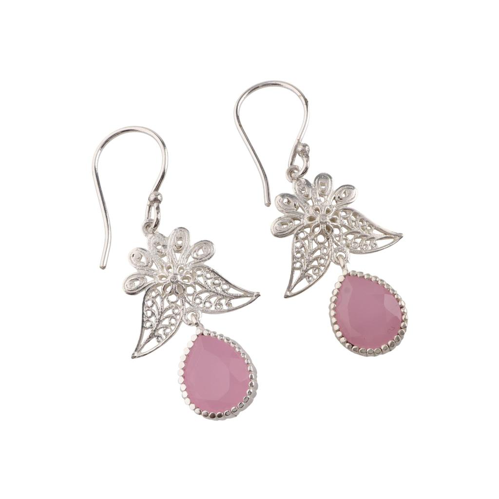 Růžový chalcedon Drahokam 925 Sterlingového Stříbra Šperky Ručně vyráběné Háčkované Náušnice 1,84" K Narozeninovému Dárku CE-23-14