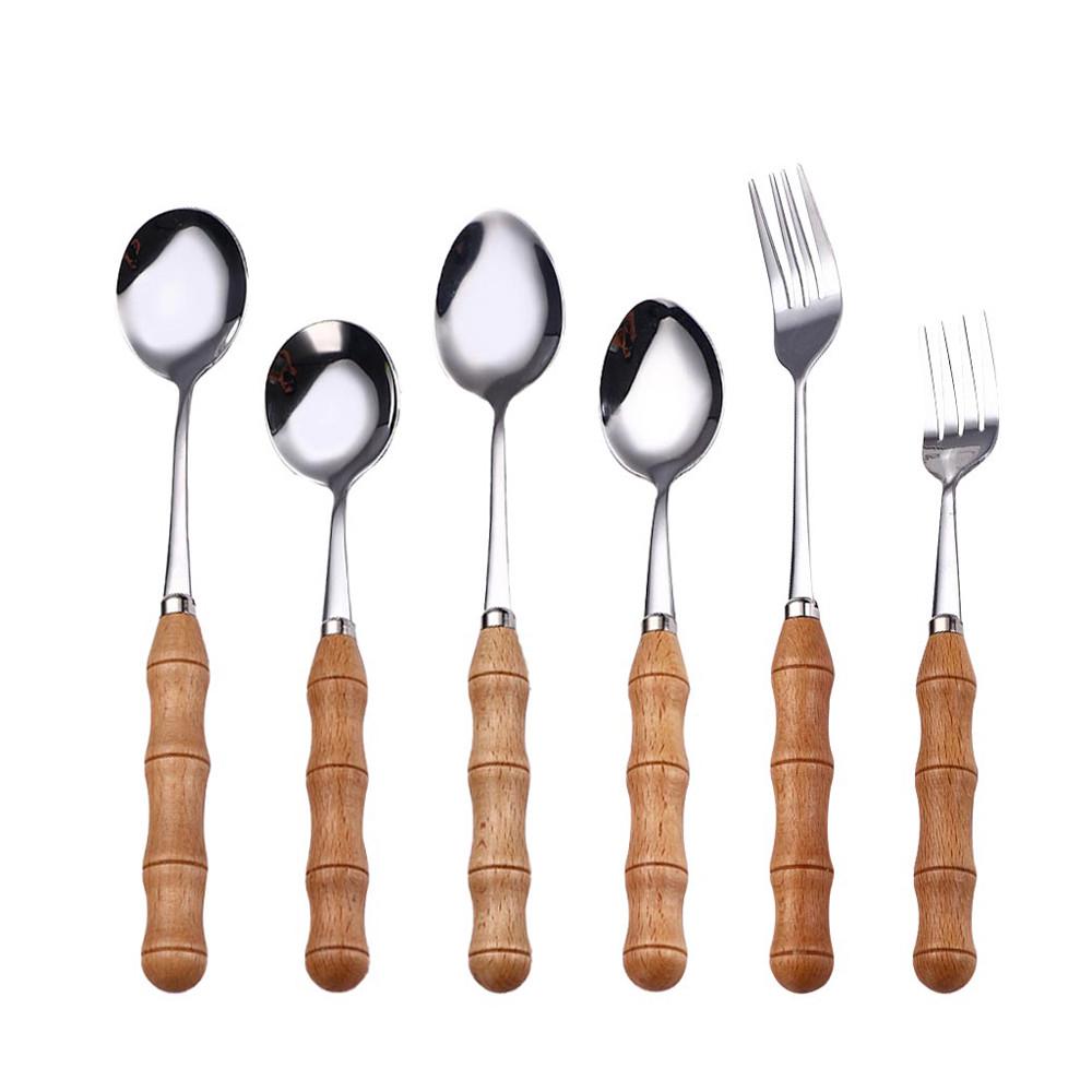 Creative  Wooden Handle  Stainless Steel  Upscale Cutlery Fork Spoon 