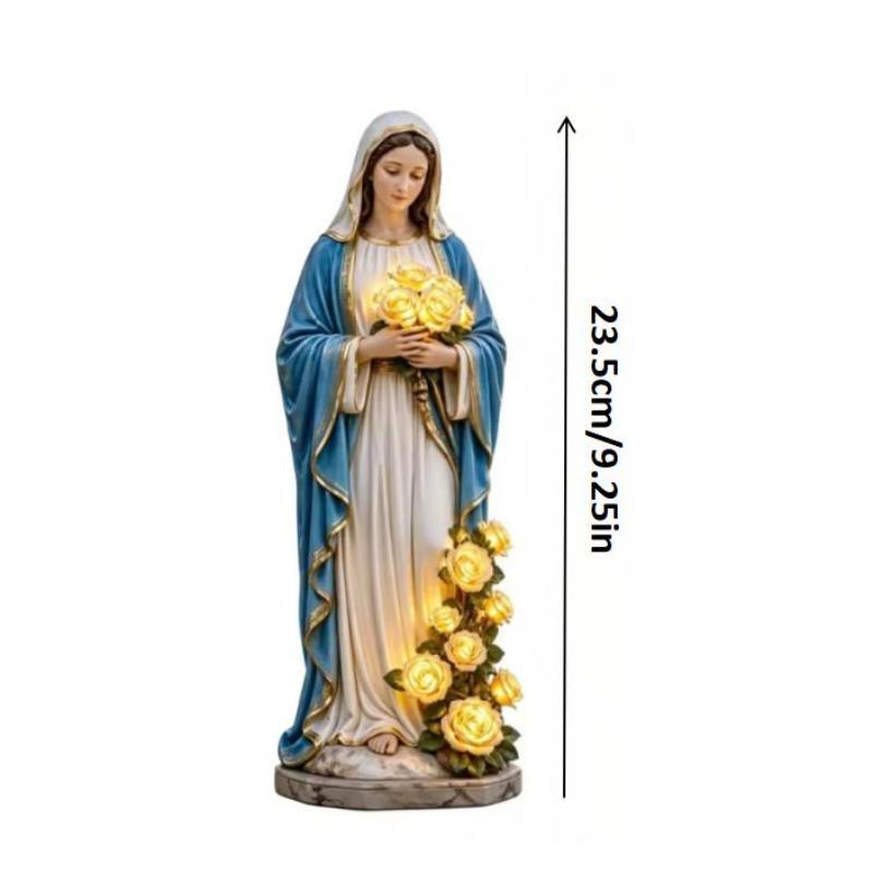 Estatua de María de Resina 1 Pieza con Rosas Amarillas Iluminadas por LED Figura Pintada a Mano para Altar Pequeño Montaje Religioso en Casa
