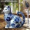 Elegante Blau-Weiße Porzellan Katze Acryl Schreibtischdeko, 2D Flaches Kunstdesign, Boho Stil für Home Office Bar Cafe, Perfektes Geschenk für Katzenliebhaber, Valentinstag