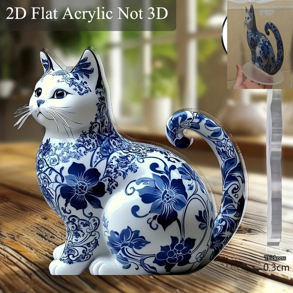 Elegante Blau-Weiße Porzellan Katze Acryl Schreibtischdeko, 2D Flaches Kunstdesign, Boho Stil für Home Office Bar Cafe, Perfektes Geschenk für Katzenliebhaber, Valentinstag