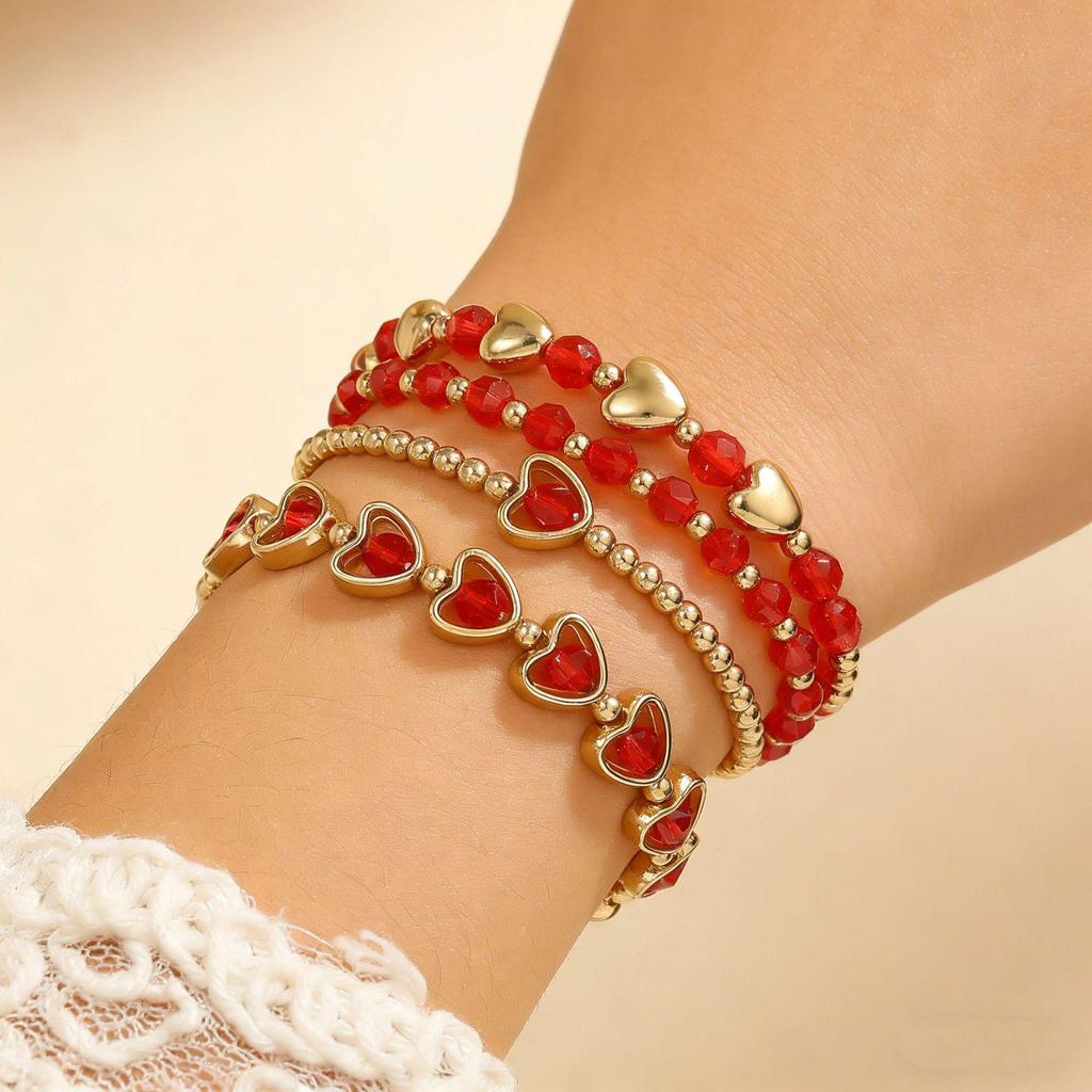 Valentine's Day Heart Beaded Bracelet Set: Women's Fashion Jewelry with Polymer Clay, Peach Heart, and Red Tones Elastic Design