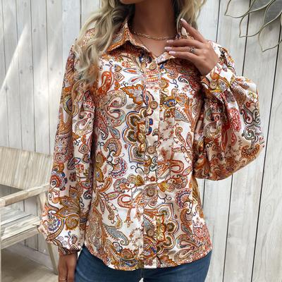 Women's Fashion Casual Spring Autumn Bohemia Print Long Sleeve POLO Neck Blouses & Shirts
