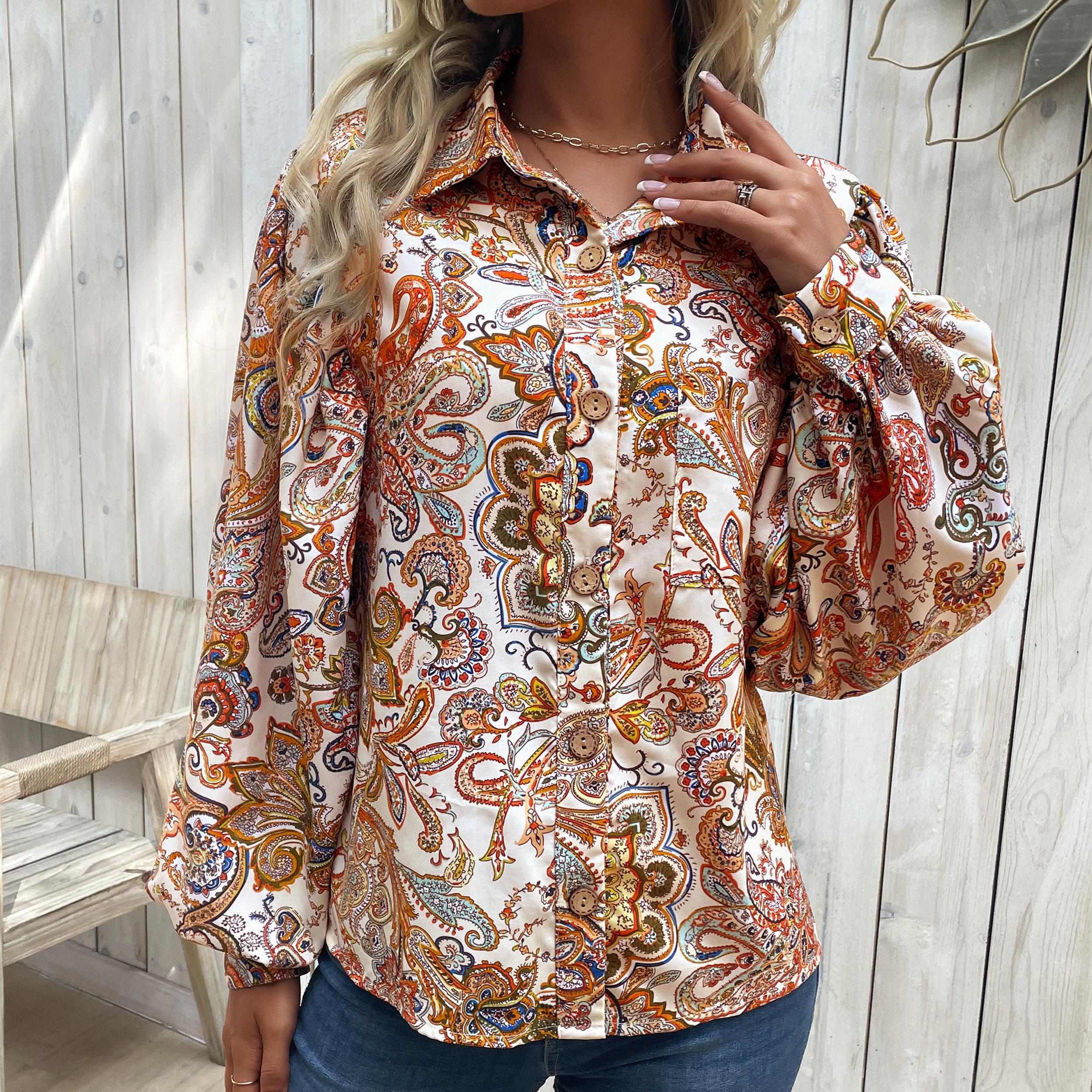 

Женские модные повседневные весенне-осенние блузки и рубашки-поло с длинным рукавом в богемном стиле с принтом S