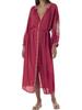 EDOLYNSA Rød bohemsk brodert front åpen Langermet strandkjole LongTunic Dame Plus Size Beachwear Badedrakt Cover Up Q1010
