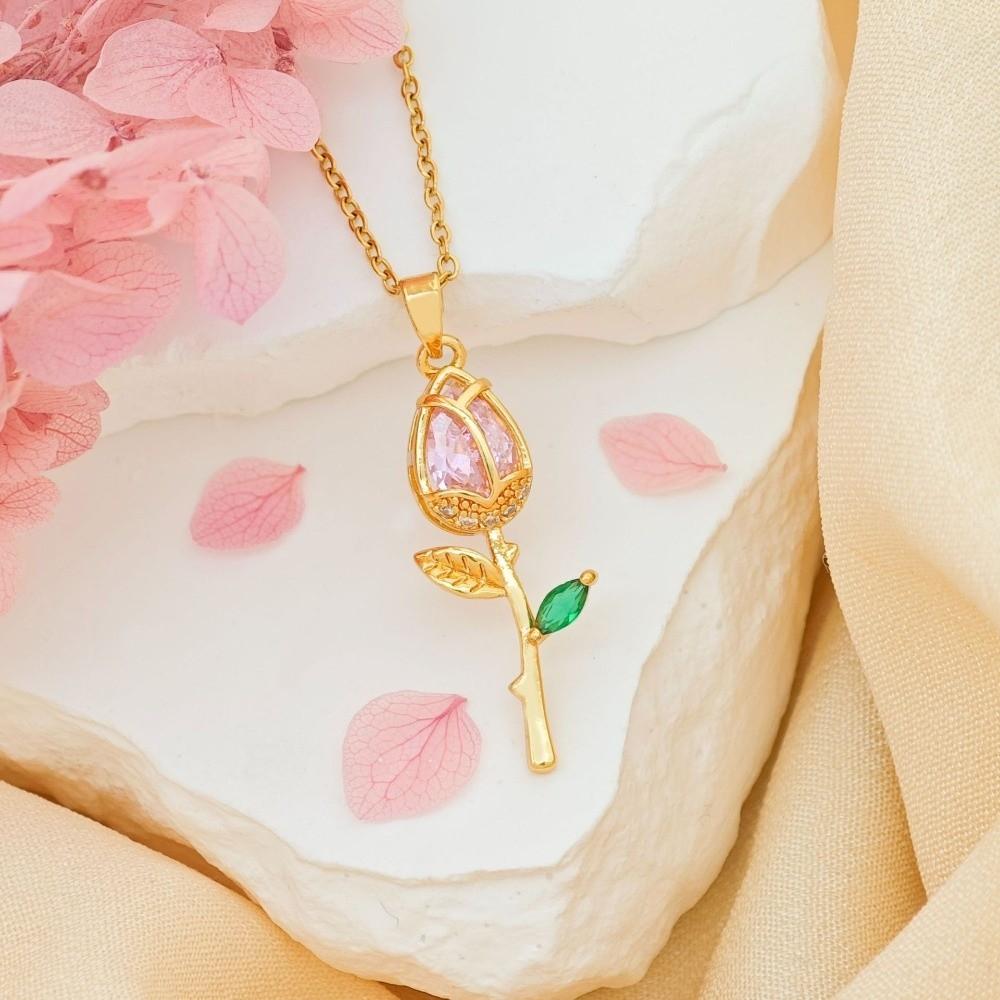Layered Tulip Flower Pendant Necklace Minimalist Stainless Steel Choker Zircon Pendant Anniversary Style C