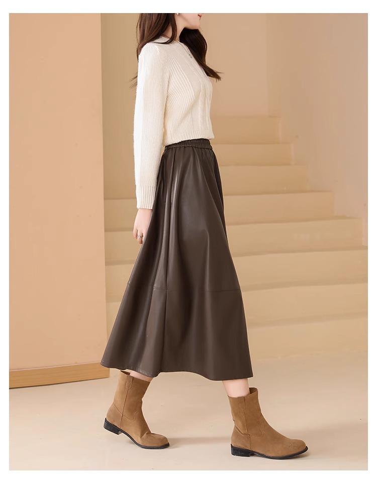 Hepburn Style A-Line Matte PU Leather Skirt: Retro Mid-Length, Elastic Waist, Large Swing, Autumn/Winter