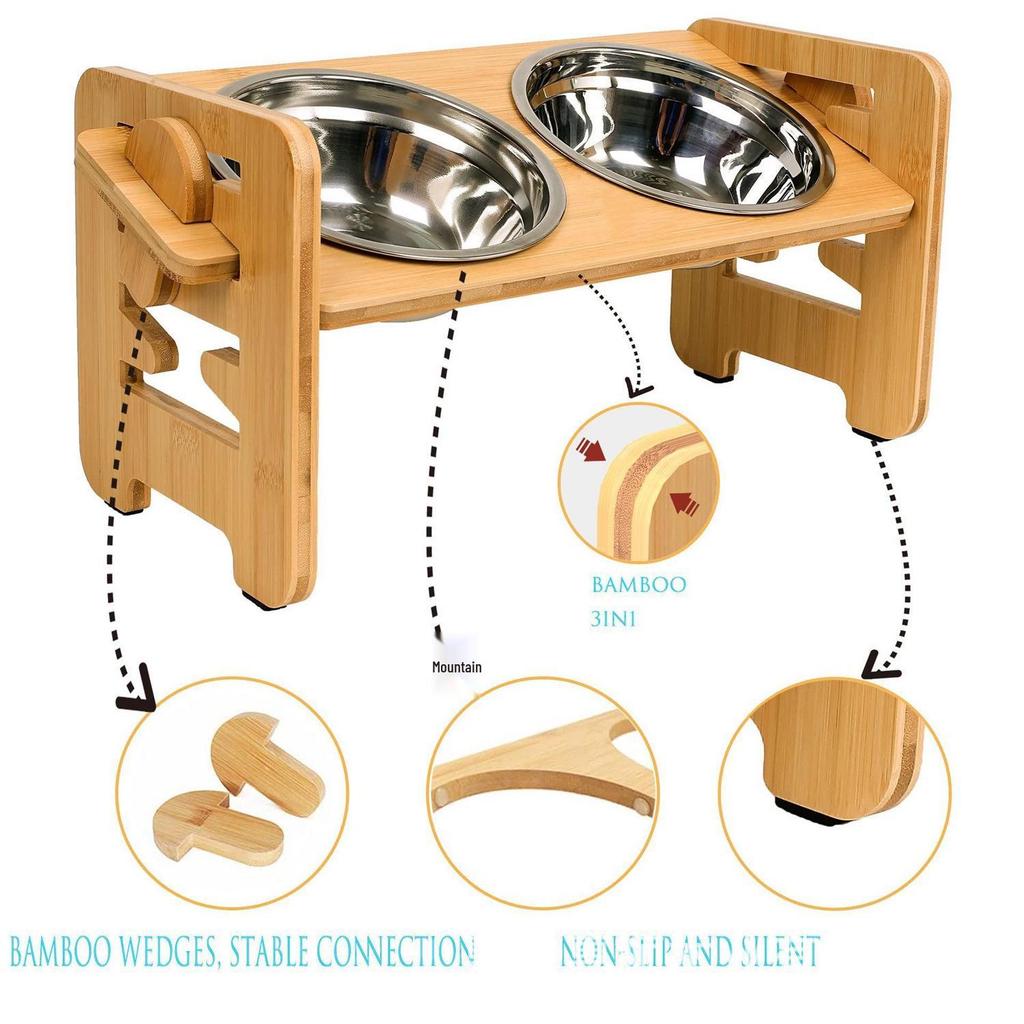 Adjustable Bamboo Wood Double Bowl Stand for Cats and Dogs - Elevate Pet Feeders for Neck Protection