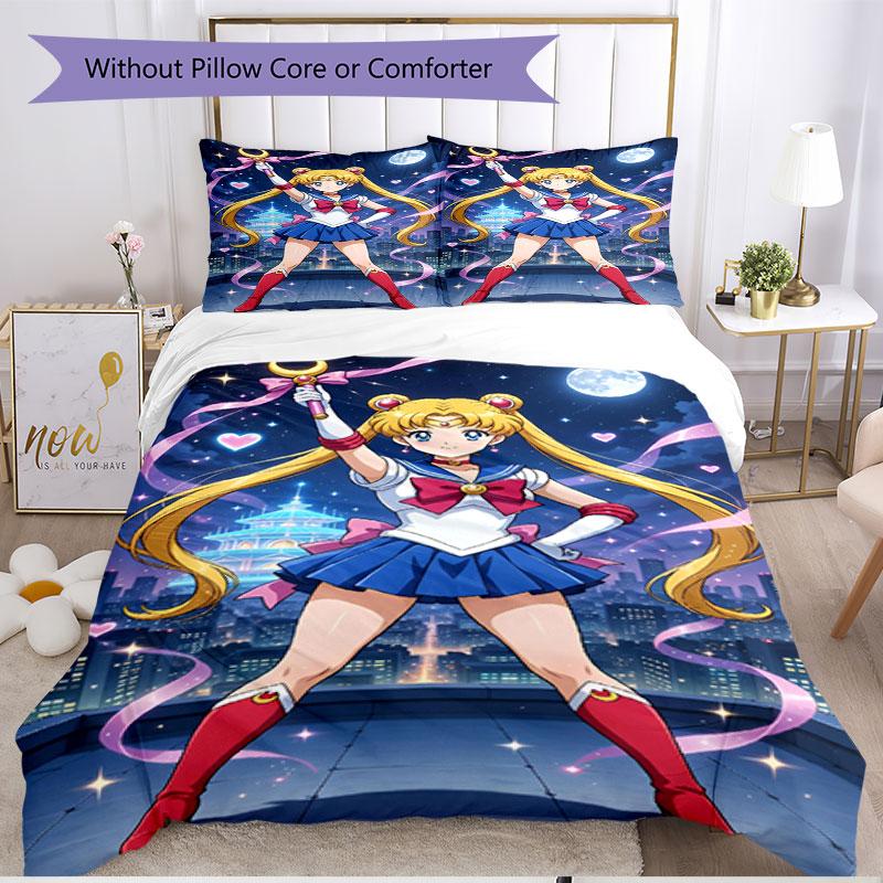 3-teiliges Bettbezug-Set (1 * Bettbezug + 2 * Kissenbezug, ohne Kern), Sailor Moon Druck Weiches Ganzjahres-Bettwäscheset, Heim-Schlafzimmer-Dekoration Geschenk