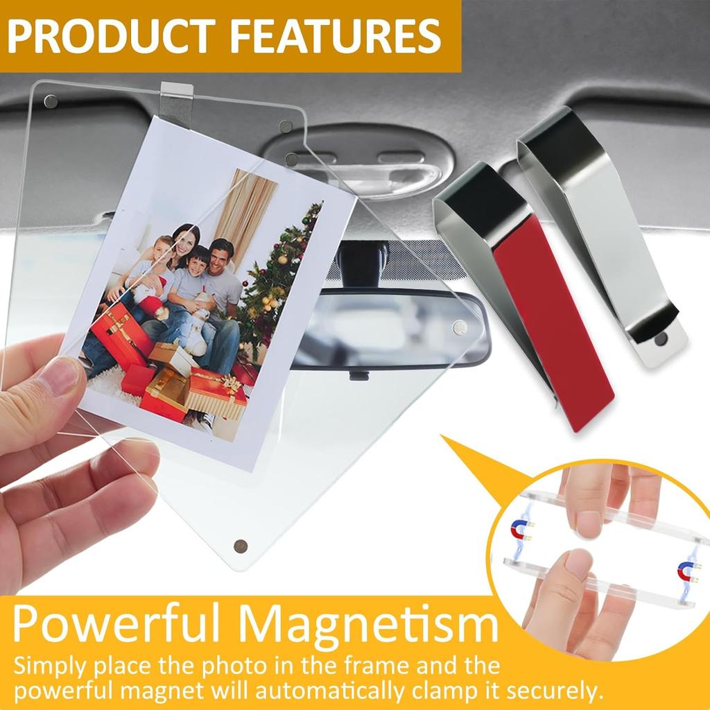 2Pcs Car Picture Holder, Acrylic Magnetic Visor Photo Clip, Personalized Picture Frame, Horizontal Vertical Display, Decorate Your Car Visor Clip