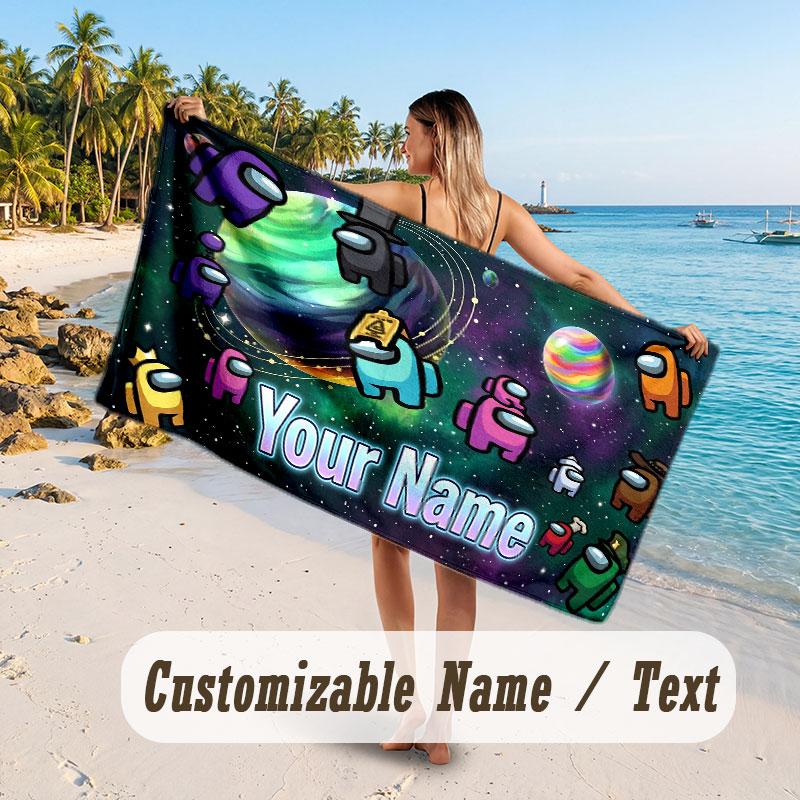 Personalized Beach Towel,Among Us Custom Printed Name Text, Super Absorbent Towel For Beach Vacation