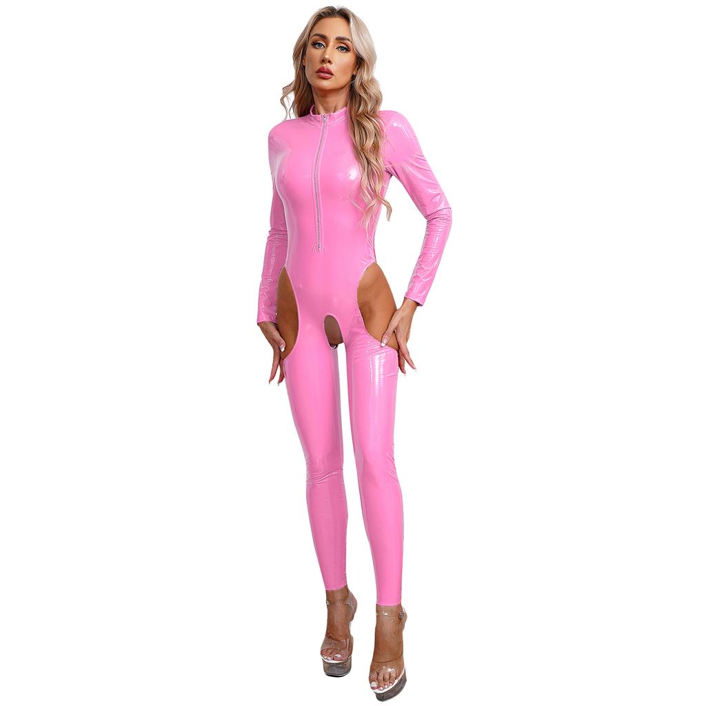 Womens One Piece Long Sleeve Full Body Jumpsuit Wet Look Leather Zipper Bodysuit Catsuit