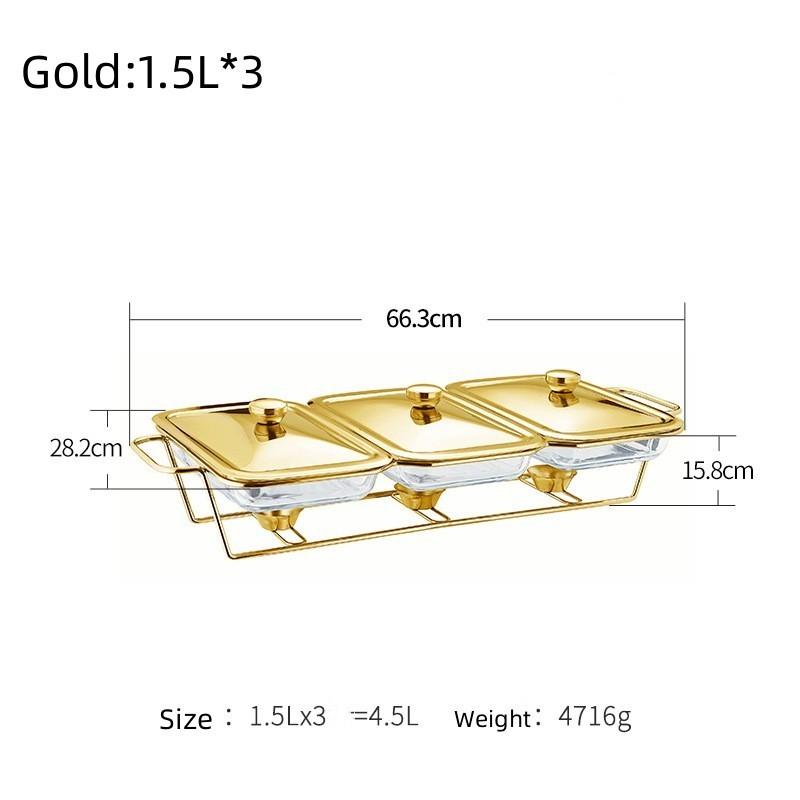 Restaurant Buffet Stove Chaffing Dish Golden Rectangular Three-Grid Glass Dining Stove Glass Heating Container