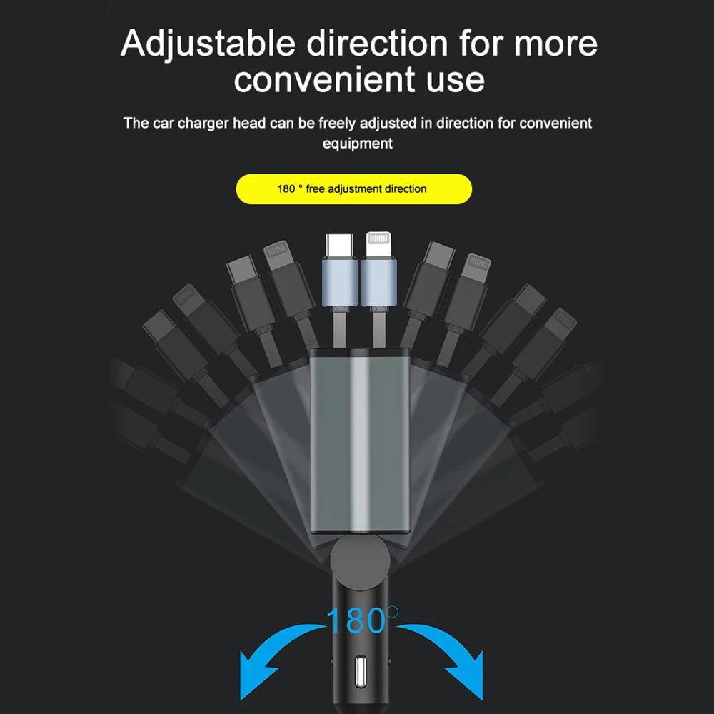 120W Autoladegerät mit einziehbarem Kabel USB Typ C Zigarettenanzünderadapter Dual USB Schnelllader Für IPhone Android Huawei