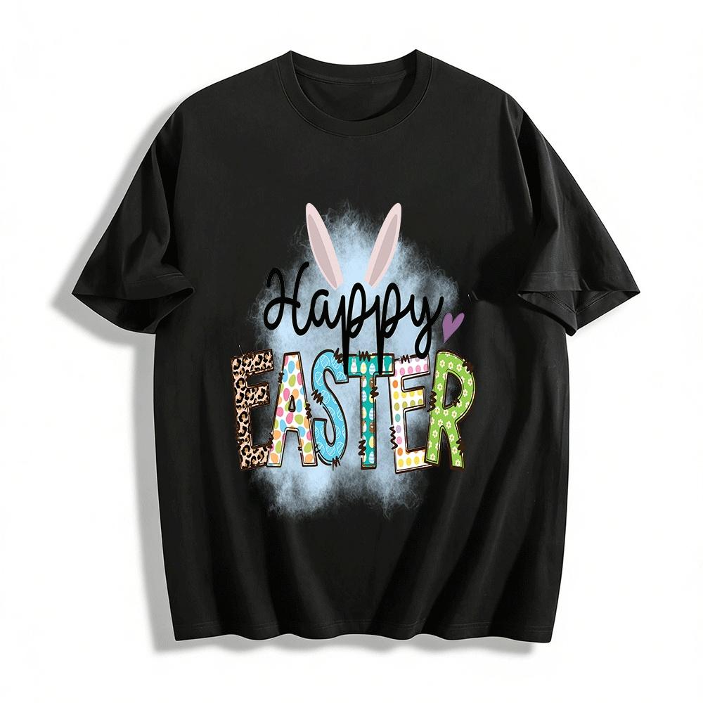 

Happy Easter Bunny Ear Print Casual Tee Egg Pattern Daily Top Pure cotton T-shirt XXS
