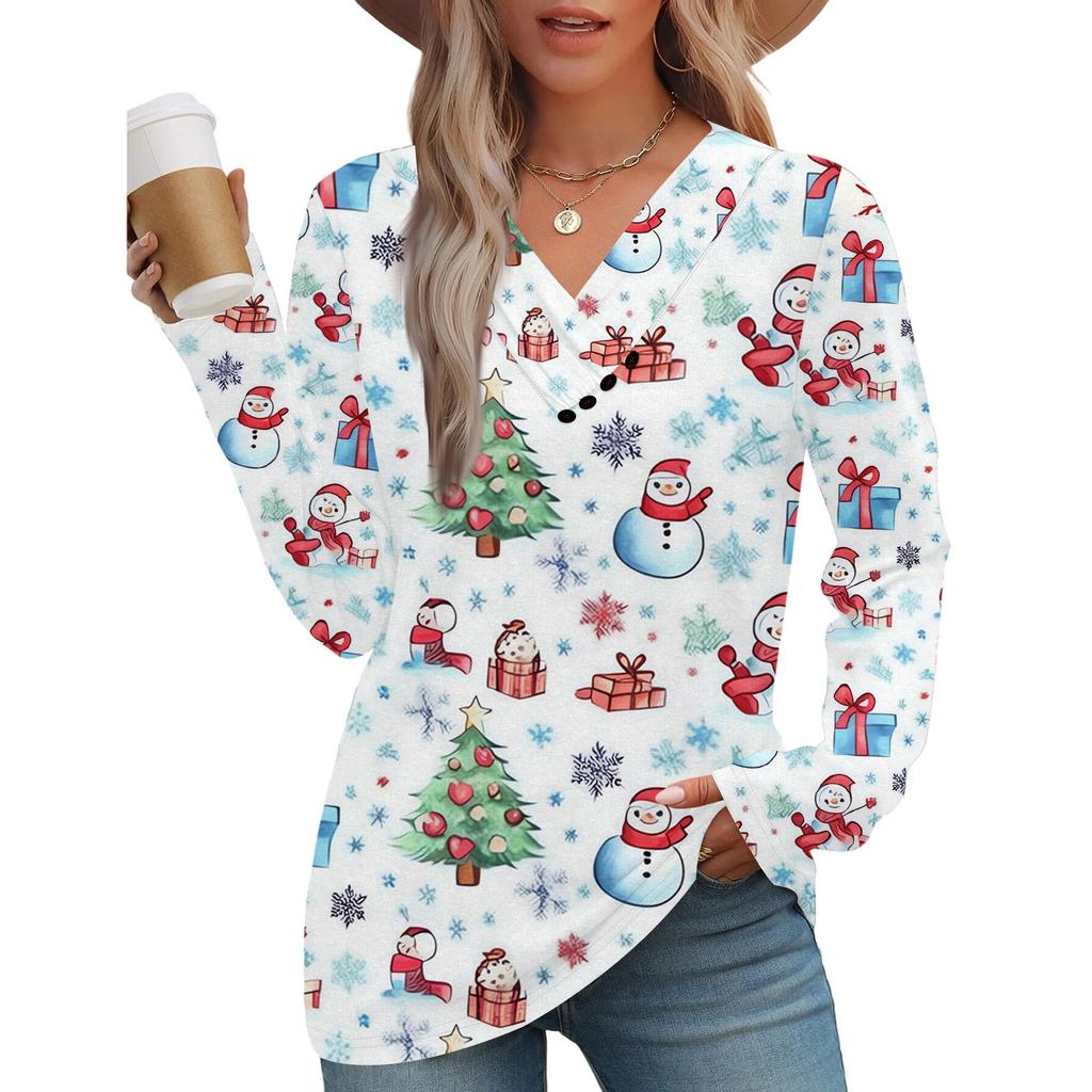 Women's Fashion Casual V-neck Pleated Christmas Long Sleeve Top