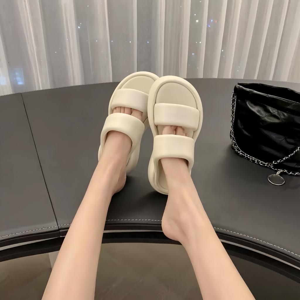 Leather version cloud bubble double belt bread casual thick bottom heightening slippers women's summer wear cool slippers