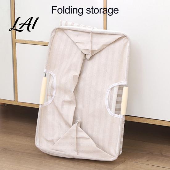 Cotton And Linen Laundry Organizer Basket with Wooden Handles Large Space Saving Bag Basket Storage Foldable for Families Collapsible Hamper
