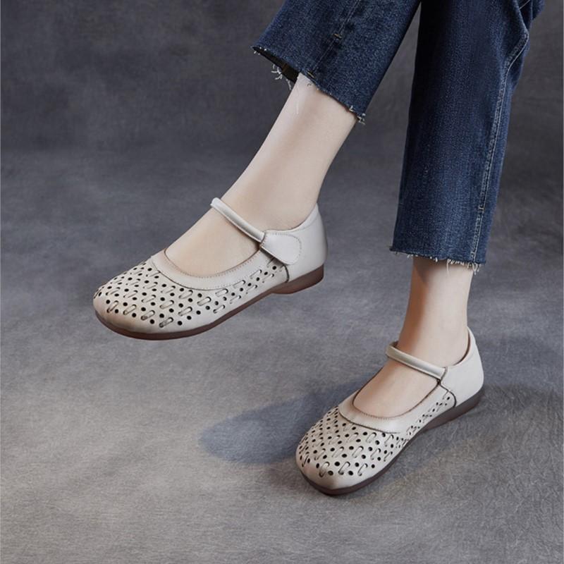 Johnature Pantofi de damă din piele naturală cu talpă moale, sandale plate confortabile, respirabile, decupate