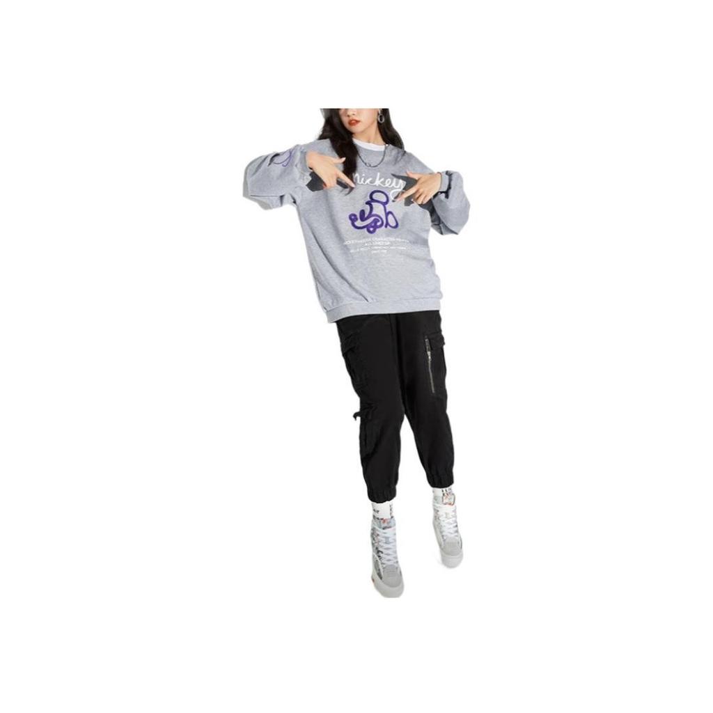 Li-Ning X Disney Cartoon Character Letter Print Loose Fleece Pullover Sweatshirt Women Sweatshirt Gray AWDRD64-2