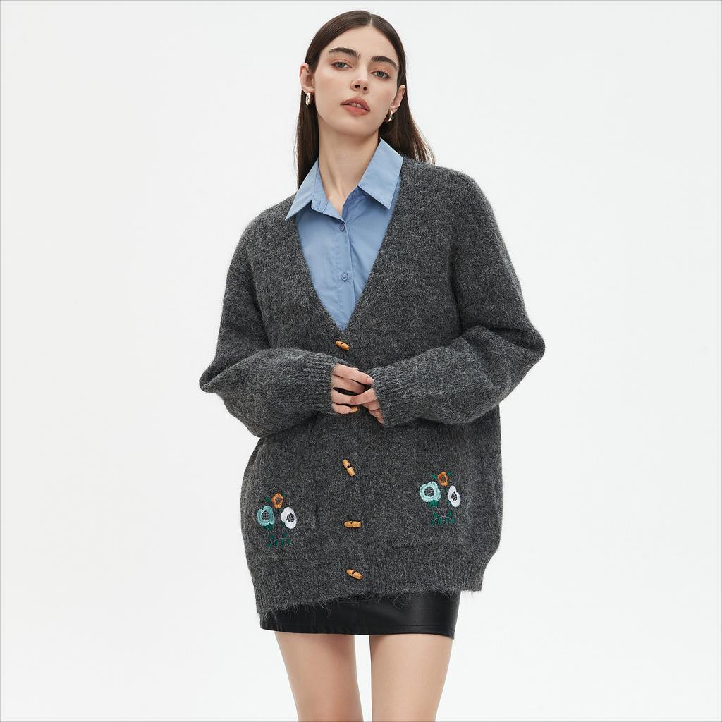 Dimanaf 2025 Sweaters Buttons Embroidery Print Cardigan Autumn Pockets Women Print Sweaters Knitting Loose Sweater