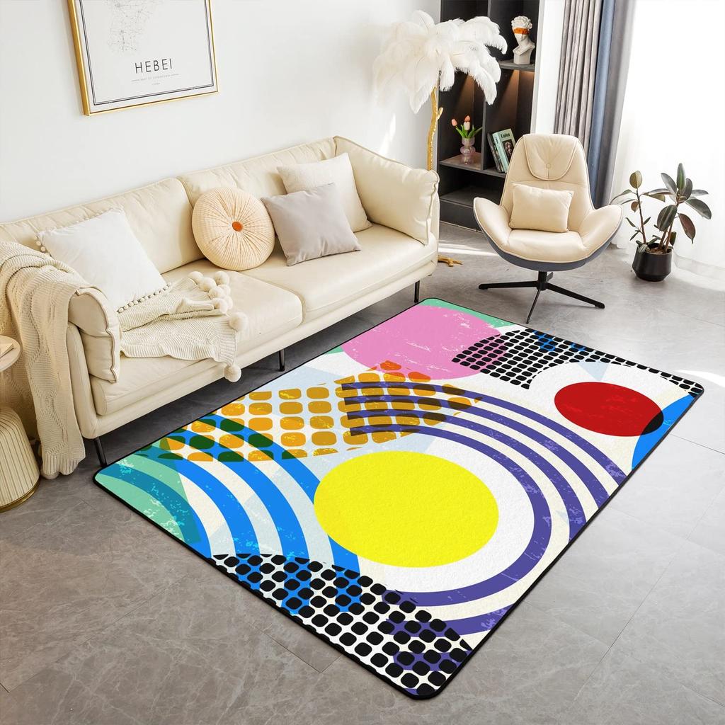Memphis Area Rug, Hipster Retro Doormat, 80s 90s Hip Hop Funky Colorful Pop Art Inspired Carpet for Playroom Geometric Floor Mat