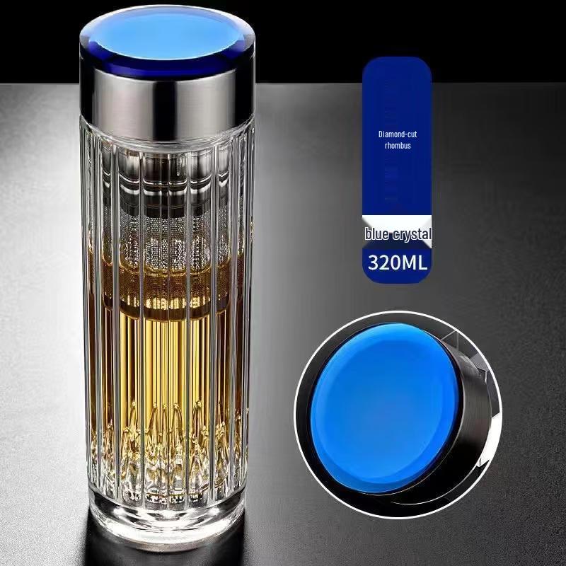 Yishijia Double-Wall Glass Tea Infuser Cup with Blue Crystal Lid
