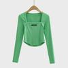 Crop top da donna con scollo quadrato, design a lisca di pesce, strisce piccanti, maniche lunghe