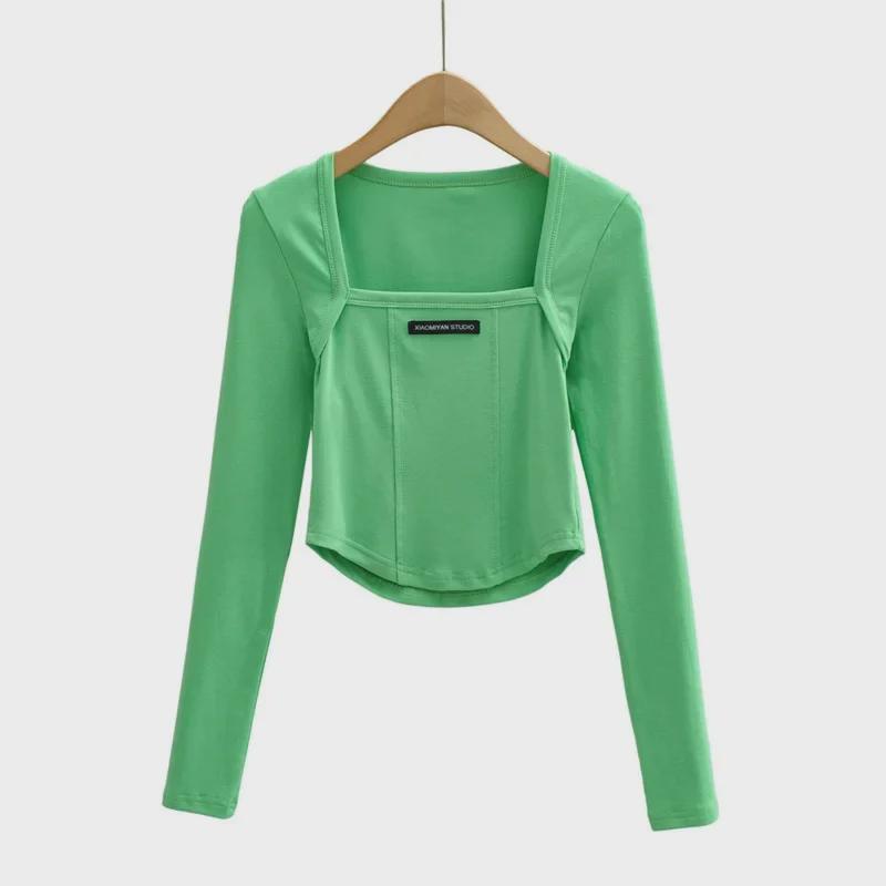 Crop top da donna con scollo quadrato, design a lisca di pesce, strisce piccanti, maniche lunghe