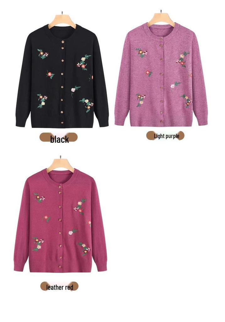 Grandma's Embroidered Knitted Cardigan for Middle-Aged and Elderly Ladies - Spring/Autumn Sweater Jacket for Women.