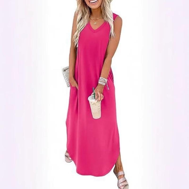 BITCED Fashion Summer Spring Solid Color Print Sleeveless V-Neck  Casual Dresses