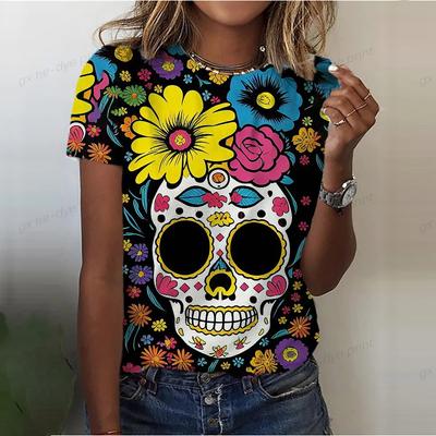 Scary Flower Skull Print Summer Women's T-shirt O-neck Short Sleeve Street Cool Tops Tees Women's Oversized Clothing Casual Top