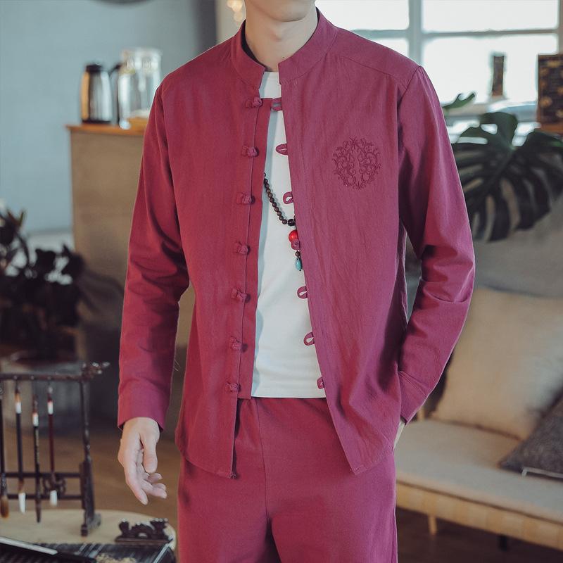 Frühling und Herbst Chinesischer Stil Baumwolle und Leinen Bestickt Knopf Chinesischer Stil Tang-Anzug Langarmhemd Herren Strickjacke