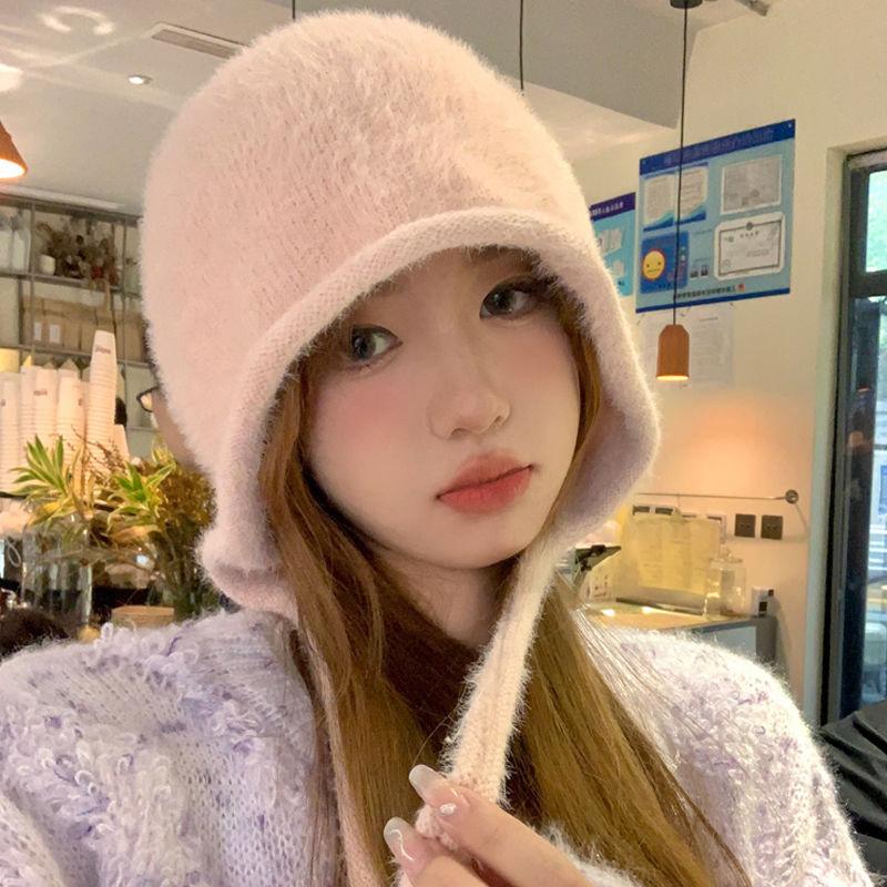 Imitation Mink Fur Lace-up Pullover Cap Women Plush Fisherman Hat Winter Warm Ear Protection Headgear Bonnet Solid Velvet Beanie