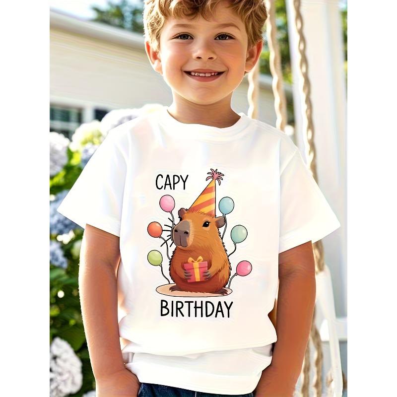 European sizes Boys Capybara Birthday Party Outfit - Cute Capybara with Balloons Print T-Shirt Featuring CAPY BIRTHDAY Text - Soft Breathable 110 белый