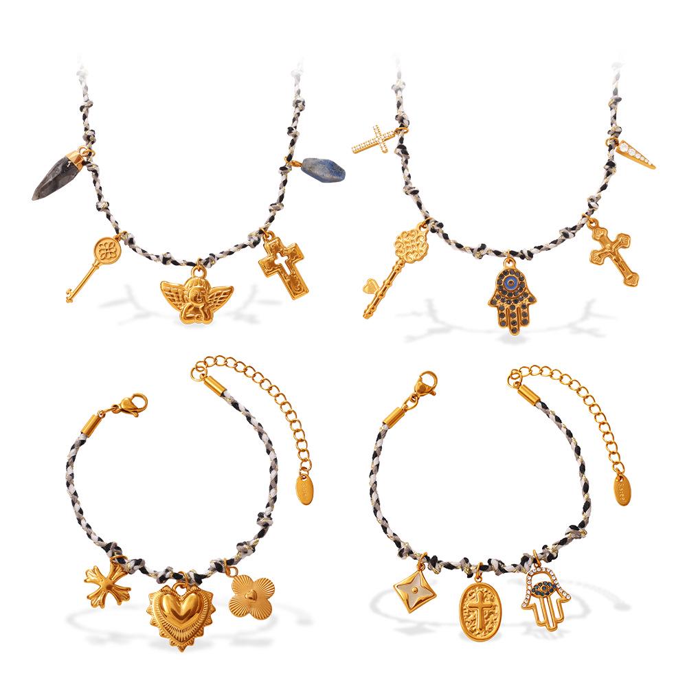 European-American Geometric Woven Rope Jewelry Set: Natural Stone Bracelet & Necklace
