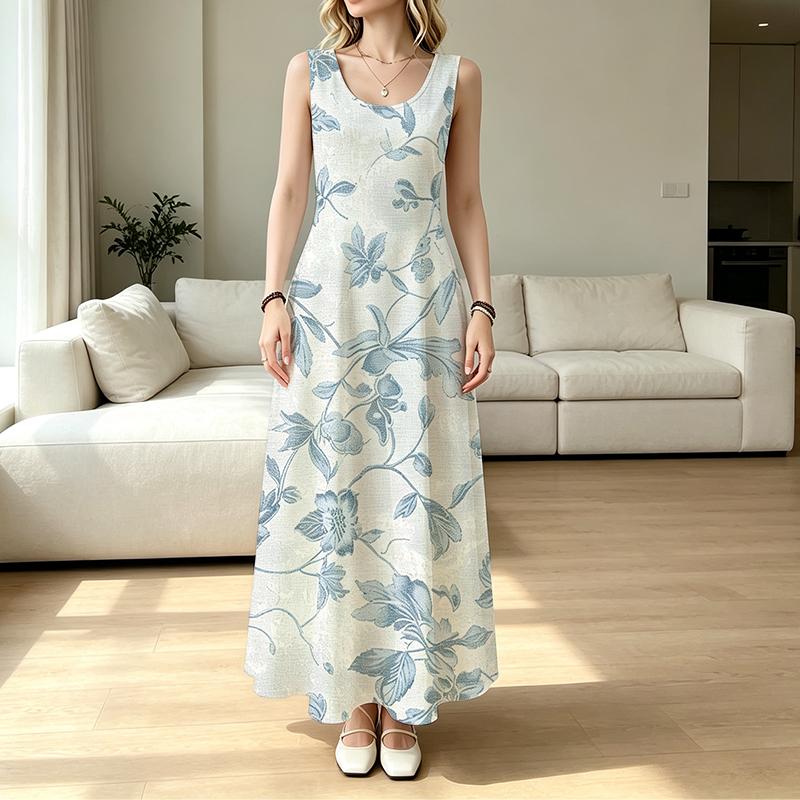 U-Neck Sleeveless Linen Maxi Dress Fresh Floral Seaside Vacation Style Comfy Breathable Summer Dress for Daily Casual Outdoor Trip