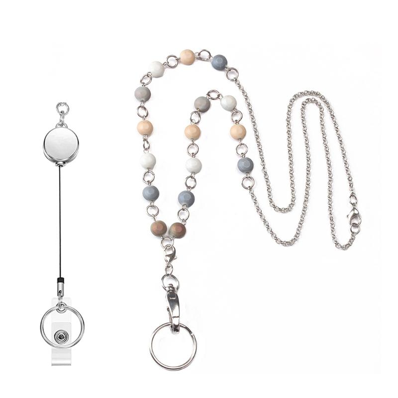Women Retractable Badge Reel Lanyard with ID Card Holder Necklace Name Badge Holder Lanyard Stainless Steel Beaded Chain