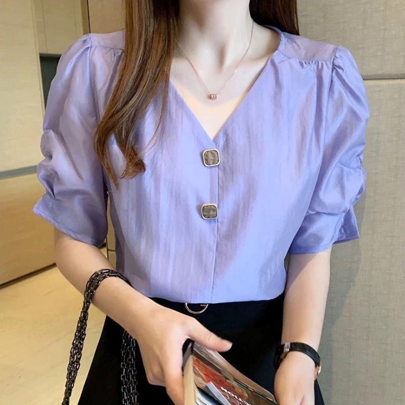 WTEMPO Brand Solid Colour Chiffon Shirt Women's Short-sleeved Shirt Summer Fashion Versatile Loose V-neck Bubble Sleeve Tops