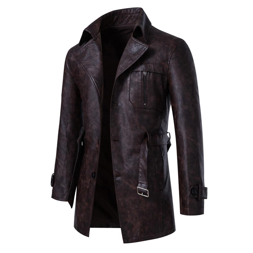Men's medium and long leather trench coat Korean version suit collar leather jacket casual trend belt jacket men