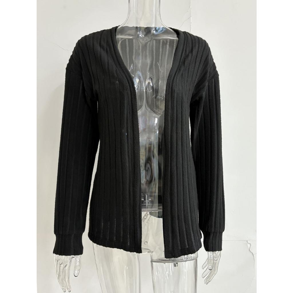 Fall Winter Women's Solid Color Ribbed Knit Cardigan Coat Simple Casual Long Sleeve Outerwear Top for Cross-border Export