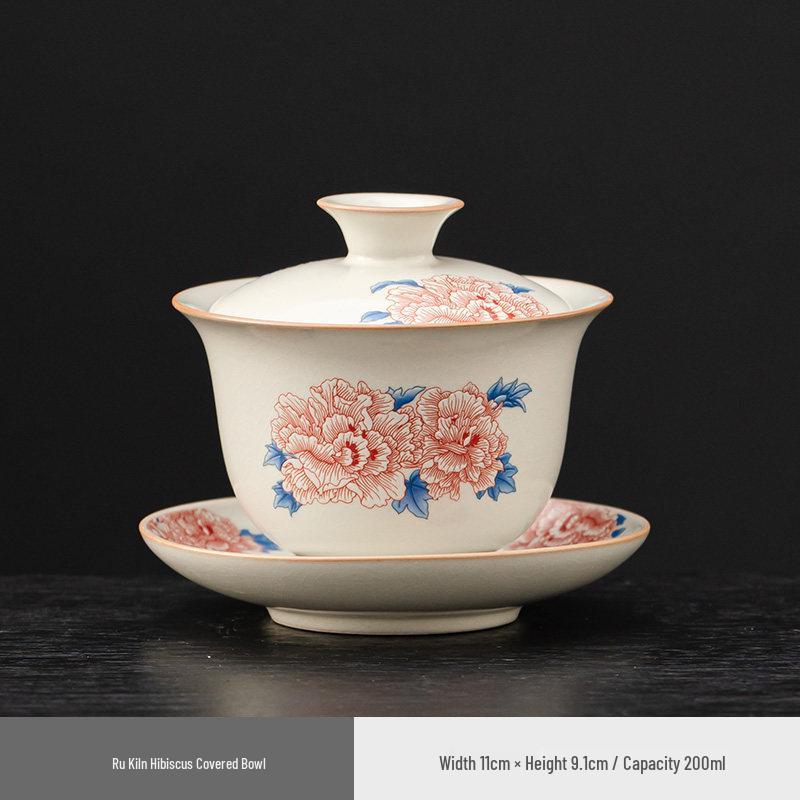 Elegant Ru Kiln Hibiscus Teapot Set: Includes Beige Side-Handle Pot, Lid, Bowl, Filter Screen, Tea Wash Pitcher, Gong Dao Bei for Gongfu Tea.