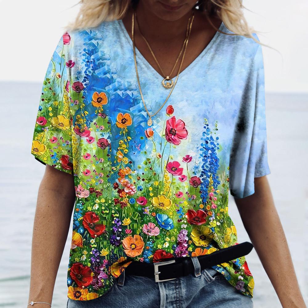 V-neck Women's Short Sleeve Summer Outdoor Casual T-shirt Tops Flower Printed Patterns Fashion