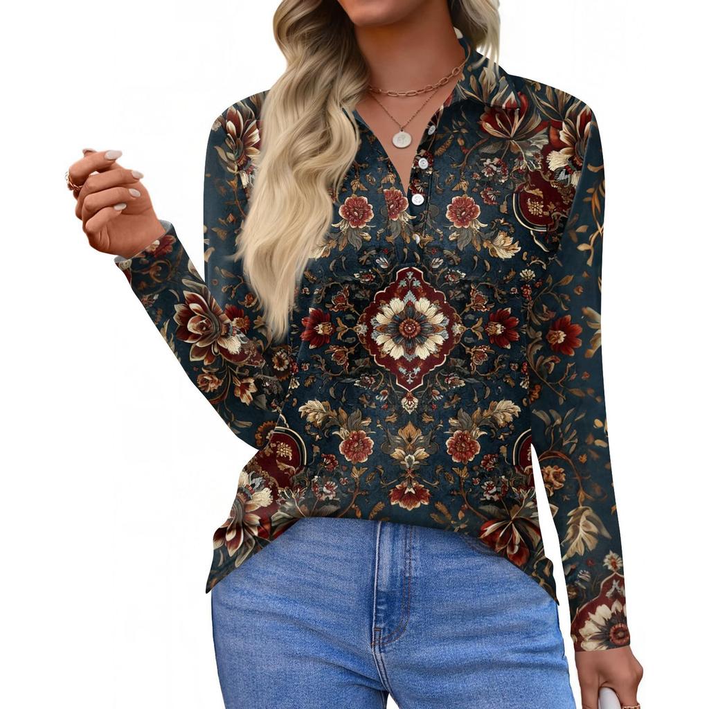 Women's Fashion Casual Lapel Short Long Sleeve Print Shirt Women's Button Up Tops