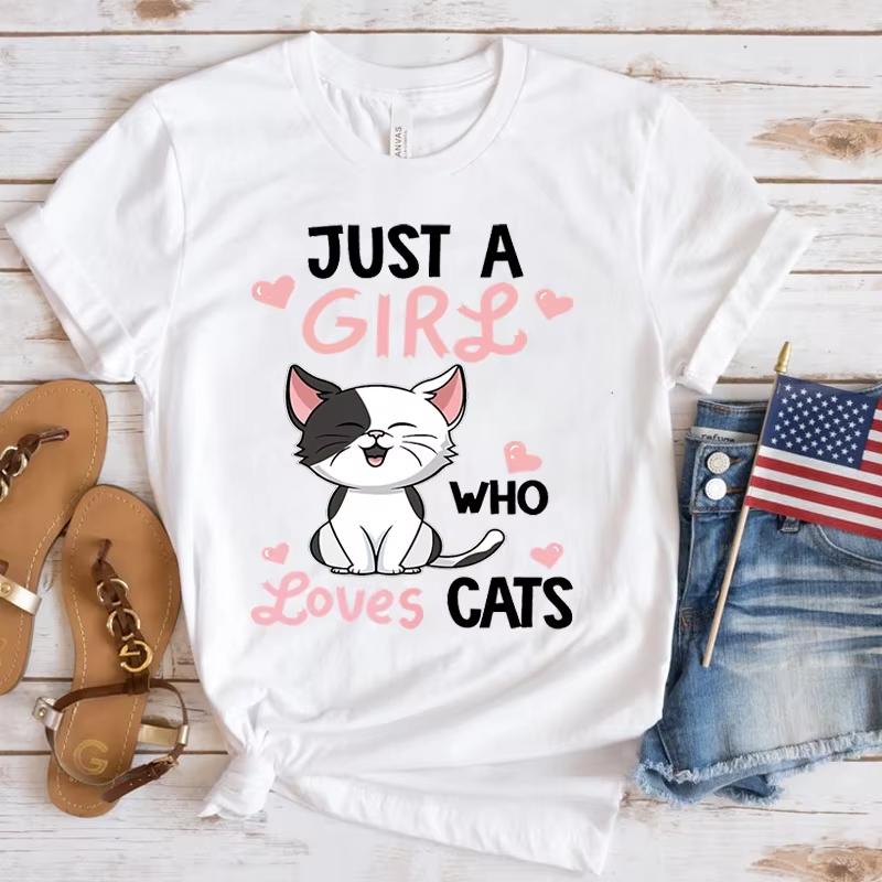 

Funny Just A Girl Who Loves Cats Print TShirt Women Summer Casual Short Sleeve Shirt Fashion Loose Tops S