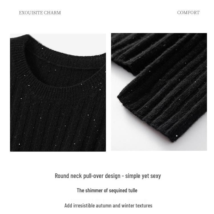 Women's Cashmere Round Neck Sweater - Autumn/Winter Soft Knit with Sequins, Long Sleeve Base Layer