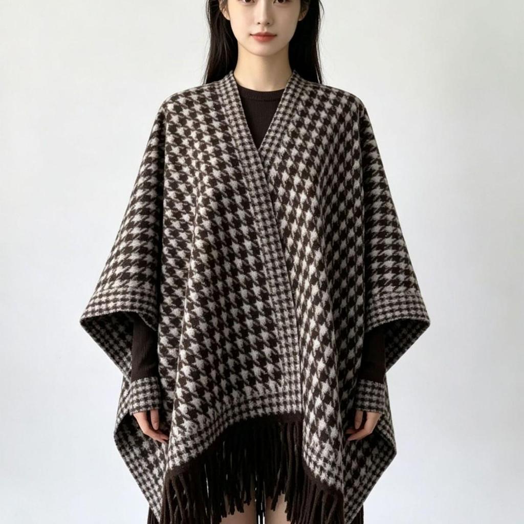 Trendy Imitation Cashmere Houndstooth Plaid Cape Scarf with Tassels for Autumn/Winter